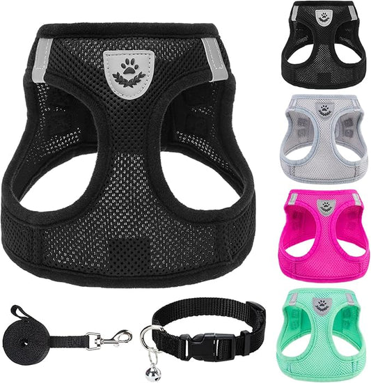PUPTECK Adjustable Dog Harness Collar and Leash Set Step in No Pull Pet Harness for Small Medium Dogs Puppy and Cats Outdoor Walking Running, Soft Mesh Padded Reflective Vest Harnesses, Solid Black S