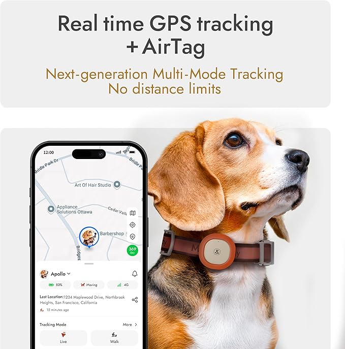 Molly&Cody GPS + Bluetooth Pet Tracker for Cats & Dogs – Real‑Time Tracking, Virtual Fence, IP67 Waterproof, Up to 60‑Day Battery, Health Monitoring, iOS/Android – Subscription Required (White)