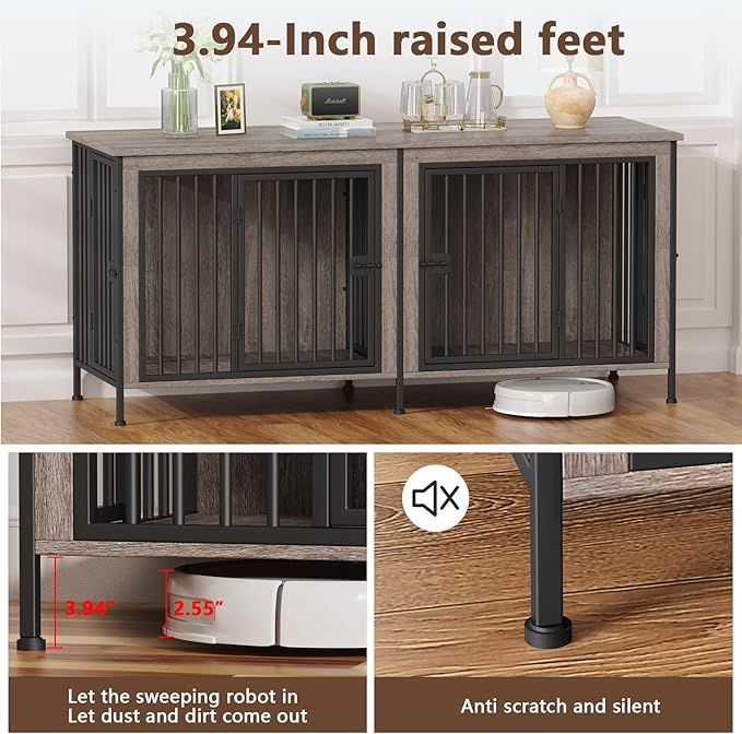 EasyCom Dog Crate Furniture for 1 or 2 Dogs, Heavy Duty Single/Double Dog Crates for Small/Medium/Large Dogs, Dog Kennel Furniture Indoor as TV Stand, Large Size 78.74" L(35-60 Pounds), Oak Grey