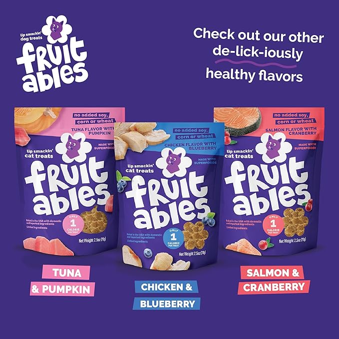 Fruitables Cat Treats, Healthy Treats For Cats, Low Calorie and Packed with Protein, Crunchy Biscuits, No Wheat, Corn or Soy, Made with Real Chicken and Blueberry, 2.5oz