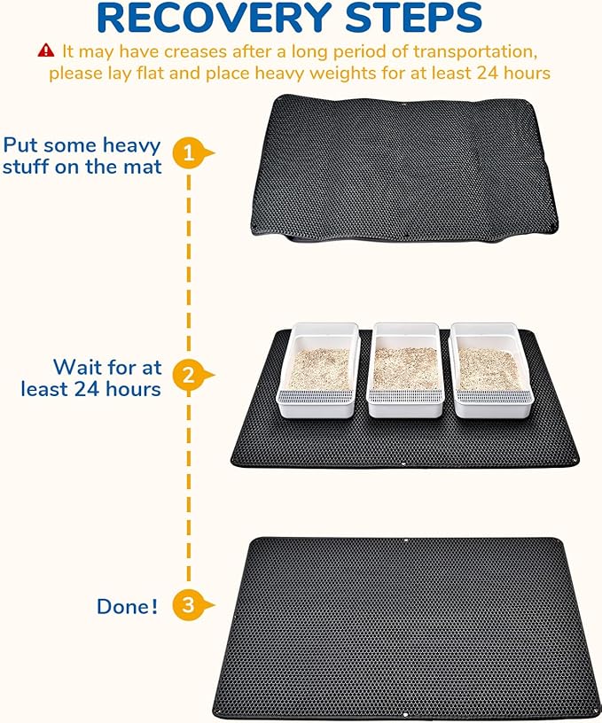 BurgeonNest 45"x32" Extra Large Cat Litter Mat, Honeycomb Double Layer Kitty Litter Trapping Mat, Urine Proof & Waterproof, Easy Clean, Machine Washable, Non-Slip, Scatter Control, Black