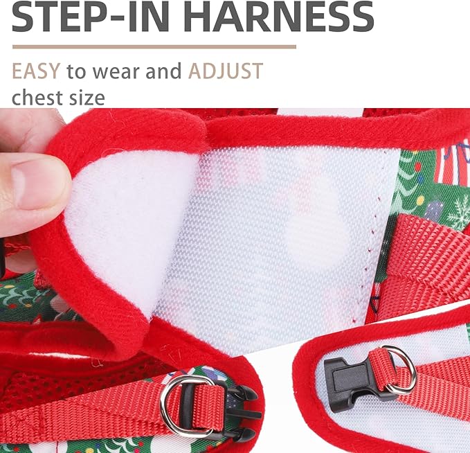 PUPTECK Adjustable Dog Harness Collar and Leash Set Step in No Pull Pet Harness for Small Medium Dogs Puppy and Cats Outdoor Walking Running, Christmas, XS