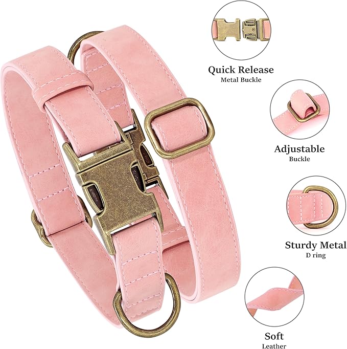 Didog Soft PU Leather Dog Collar, Stylish Quick Released Dog Collars for Medium Dogs, Easy Clean Adjustable Pet Collar for Daily Walking, Pink, M Fit 13-21" Neck
