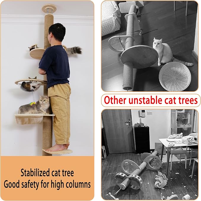 Floor to Ceiling Cat Tree Height (50-117,32 in) Adjustable Cat Tower 5 Tier Hemp Scratching Post High Cat Tree Sturdy Activity Tree Indoor Outdoor Cat Scratching Post Activity Center