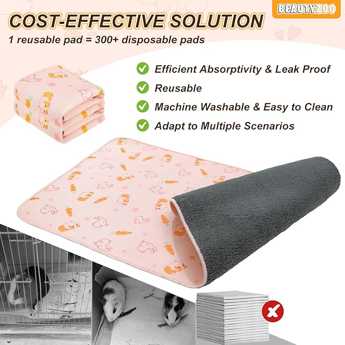 BEAUTYZOO 2 Pack Guinea Pig Cage Liners, Washable Reversible Fleece Guinea Pig Bedding, Waterproof Super Absorbent Pee Pads for Small Animals Rabbit Hamster Bunny - 24"x47" Pink