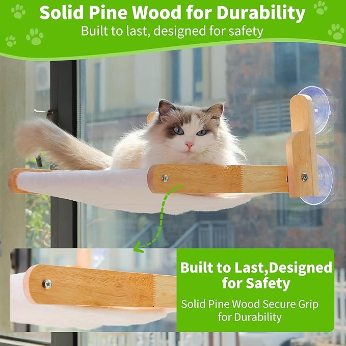 Cat Window Perch with Wooden Frame – Aloxina Foldable Cat Hammock Bed for Indoor Cats, Soft Rabbit Fur Cover, Washable, Strong Suction Cups, No Drilling, Supports Large Cats