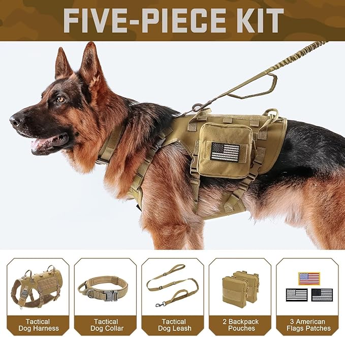 Forestpaw Tactical Dog Harness for Large Dogs,Tactical Dog Collar with Bungee Leash Set,No Pull Military Dog Harness for Walking Training,Adjustable for Medium Large Dogs,Khaki,Chest 15.5-25.5"