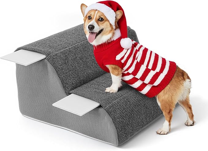 2-Steps Dog Stairs for Bed and Couch, Wider Pet Stairs for Small Old Large Dogs Cats, 30°Steady Non-Slip Dog Steps, Washable Dog Ramp with Removable Cover, PE Boards