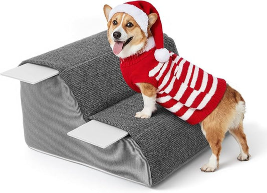 2-Steps Dog Stairs for Bed and Couch, Wider Pet Stairs for Small Old Large Dogs Cats, 30°Steady Non-Slip Dog Steps, Washable Dog Ramp with Removable Cover, PE Boards