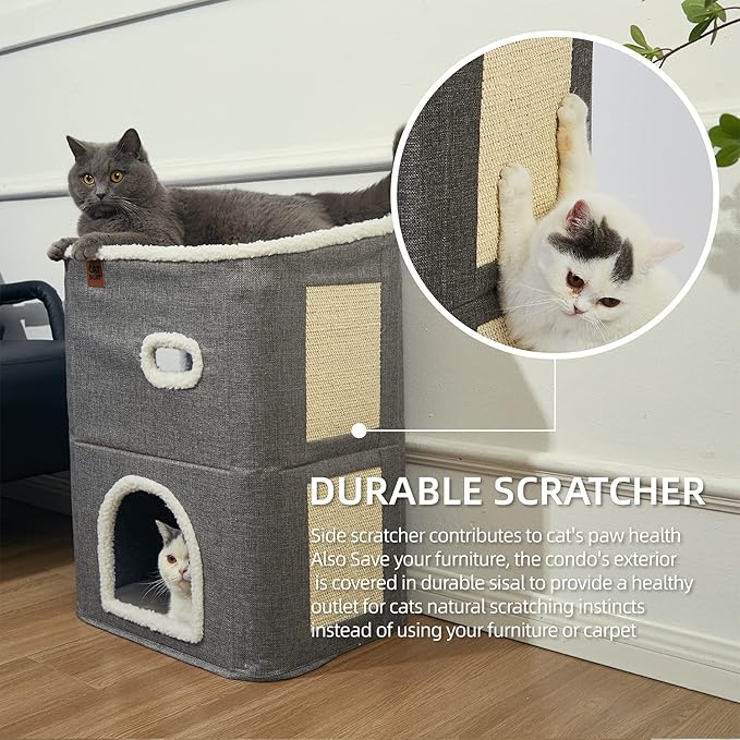 CATBOAT 2-Storey Cat House for Indoor Cats Bed, Covered Beds & Furniture with Scratch Pad and Hideaway Cave, Cute Modern Condo for Multi Small Pet Large Kitten Kitty, Grey