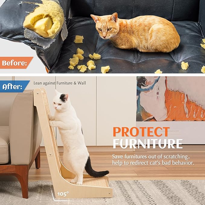 PETKARAY 105° Cat Scratcher, Sisal Kitty Scratch Pad, L Shape Scratching Board for Indoor Cats, Floor Mounted Scratcher with Mouse Toy Catnip, Chevron Style