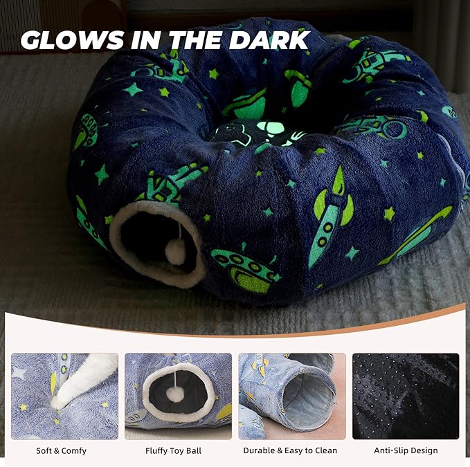 Under Christmas Tree Large Cat Tunnels Bed Tube for Indoor Cats Glows in The Dark Cat Tunnel with Cushion and Plush Ball Toy Toys for Dog Puppy Kitten Rabbit Bunnies Ferret Pet Blue