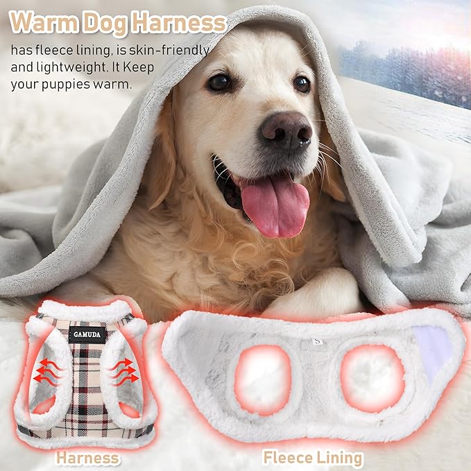GAMUDA Small Dog Harness Collar and Leash Set, Step in No Chock No Pull Soft Mesh Adjustable Dog Vest Harnesses Plaid Reflective for Dogs Puppy Cats Kitten Rabbit (Warm Beige, S)