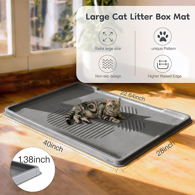 ISSEVE Cat Litter Mat 40" x 28" XL, Extra Large Silicone Mat for Litter Box, 1.38" Raised Edge Urine Proof Litter Trapping Mat Pad for Scatter Control, Soft on Kitty Paws, Protect Floor (Dark Grey)