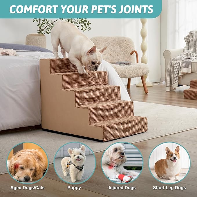 Dog Stairs for Small Dogs, 19.7" Extra Wide Right-Angle Pet Stairs for Couch and Beds, Anti-Slip Dog Steps for Old Cats and Lowrider, 19.7x29.5x23.6 inch, Light Brown