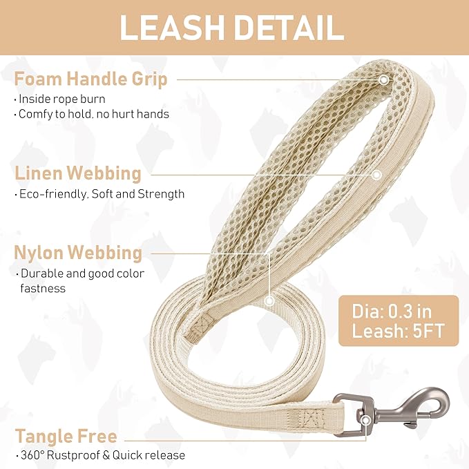 GAMUDA Small Pet Harness Collar and Leash Set, Step in No Chock No Pull Linen Fabric Soft Mesh Dog Vest Harnesses Reflective for Dogs Puppy Cats Kitten Rabbit (Khaki, L)