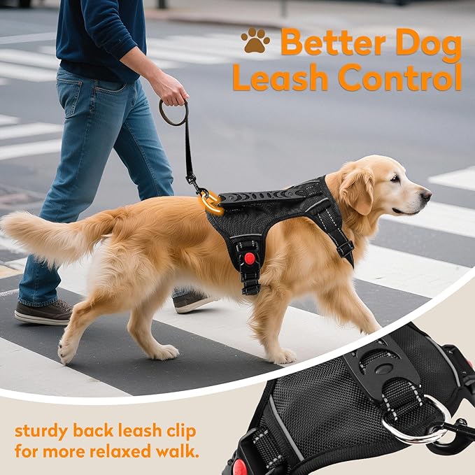 No Pull Dog Harness with 2 Leash Clips, Reflective Adjustable Soft Padded Vest with Handle, Breathable Oxford No Choke Pet Vest for Medium Sized Dogs, Black,M