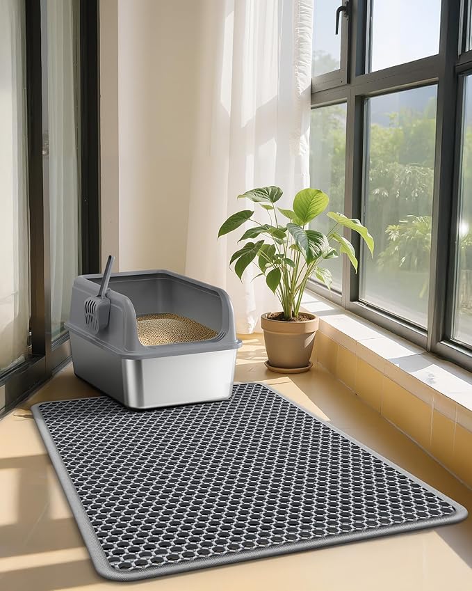 Cat Litter Mat - 46" x 35" Jumbo Litter Box Mat with Double Layers, Urine-Proof and Non-Slip Litter Trapping Mat, Easy to Clean Kitty Litter Mats for Floor, Scatter Control, Grey
