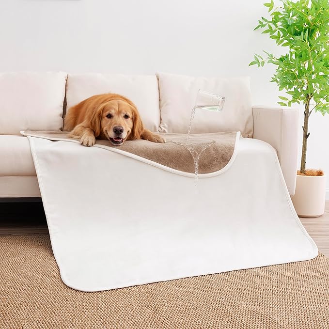 Waterproof Dog Blanket for Large Dogs, Leak Proof Pet Throw Couch Blankets Reversible Sofa Bed Furniture Protector Machine Washable- 40"x50",Beige+Khaki