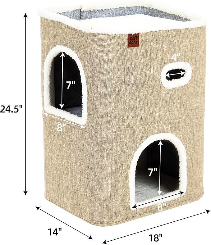 CATBOAT 2-Storey Cat House for Indoor Cats Bed, Covered Beds & Furniture with Scratch Pad and Hideaway Cave, Cute Modern Condo for Multi Small Pet Large Kitten Kitty, Brown