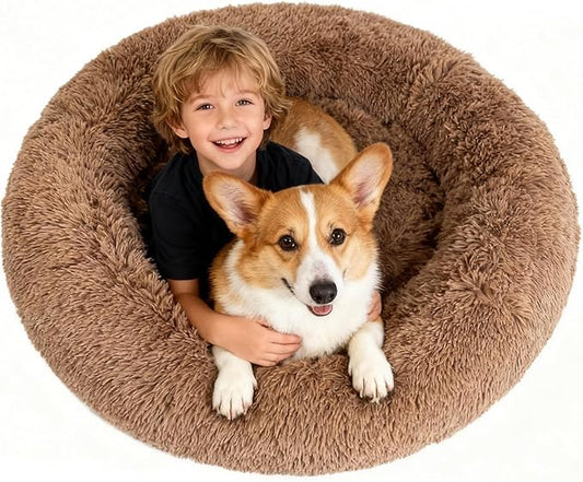 Waterproof Memory Foam Dog Beds for Large Dogs Machine Washable,Round Plush Anxiety Orthopedic Bolster Pet Bed with Removable Cover,Fluffy Donut Calming Sofa to Care Arthritis 42 Inch,Camel