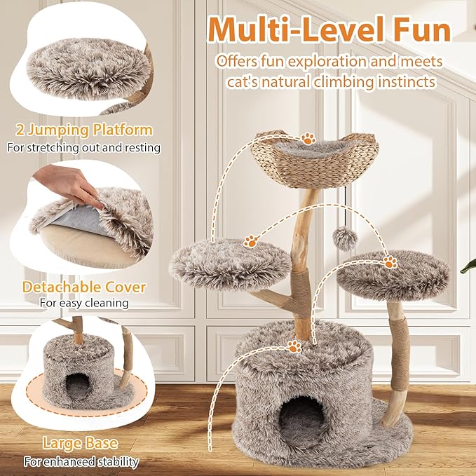 Tangkula Solid Wood Cat Tree, Multi-Level Cat Tower with Well-Woven Cattail Basket, Luxury Condo, Scratching Posts, Dangling Ball, Soft Long Plush Fabric, Modern Boho Cat Tree for Indoor Kittens