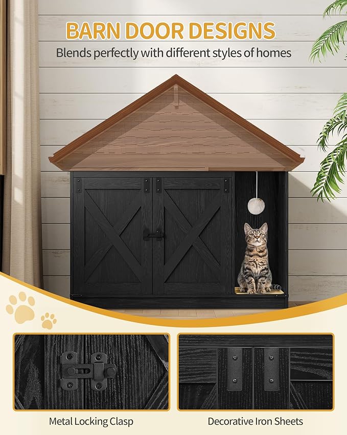 Cat Litter Box Enclosure, Hidden Litter Box Cabinet Furniture with Bell, Indoor Cats House, Farmhouse Style, 39.4 x 21.7X 24.8 Inches for Hallway, Bedroom, Black CB85204X
