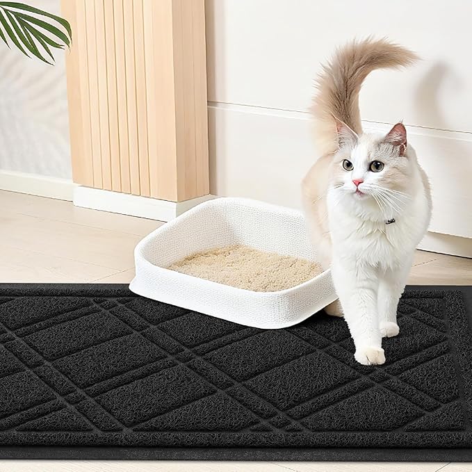 Smiry Cat Litter Box Mat 47x32, Non-Slip Water Resistant Litter Trapping Mat, Easy Clean Less Waste and Urine-Locking Cat Carpet for Indoor, Black