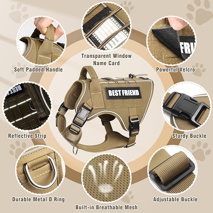 Tactical Dog Harness Medium Sized Dog,No Pull Military Dog Vest with Handle,Reflective Heavy Duty Pet Harness for Walking Hiking Training Brown M