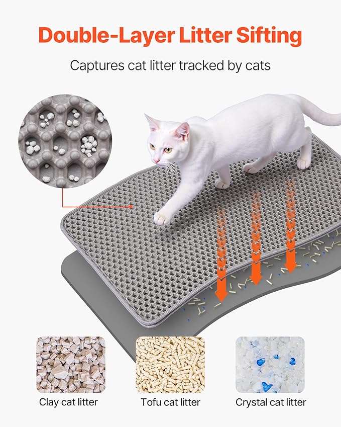 VEVOR Cat Litter Mat, 24 x 15 in, Double-Layer Litter Box Mat, Non-Slip & Urine-Proof Litter-Trapping Mats for Indoor Cats, Honeycomb Design, Soft on Paws, Washable Large Kitty Mats for Floor