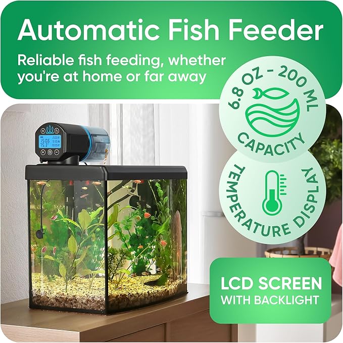 FISHNOSH Automatic Fish Feeder for Aquarium with Digital Thermometer - 2025 Auto Fish Food Dispenser Programmable, Vacation Feeder for Fish, Adjustable Portions, Auto Fish Feeder for Small & Big Tanks