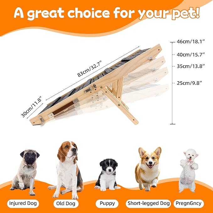 Dog Ramp for Bed-Non-Slip - Extra Wide Pet Ramp for Small Large Dogs to Get on Couch Car Wooden Foldable Dog Ramp Seamlessly Connects Platform -Hold up to 110 Pound-Adjustable, Foldable (S)