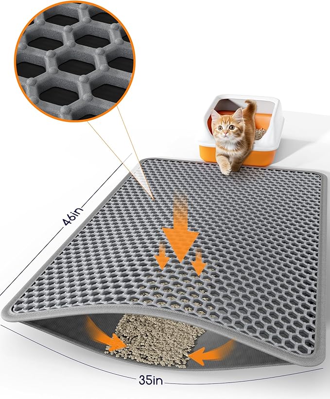 Cat Litter Mat - 46" x 35" Jumbo Litter Box Mat with Double Layers, Urine-Proof and Non-Slip Litter Trapping Mat, Easy to Clean Kitty Litter Mats for Floor, Scatter Control, Grey