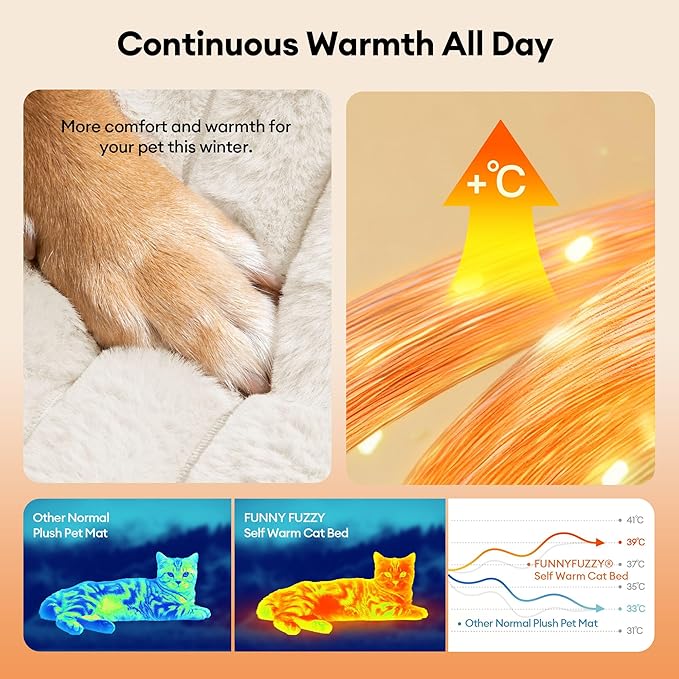 FUNNY FUZZY Self Warming Cat Bed, Waterproof Corduroy Fleece Warm Self Heating Pad for Cats & Dogs, Non-Skid Thermal Pet Mat Indoor with Removable Washable Cover - ThermoPad, 31.5"×25", Cream White