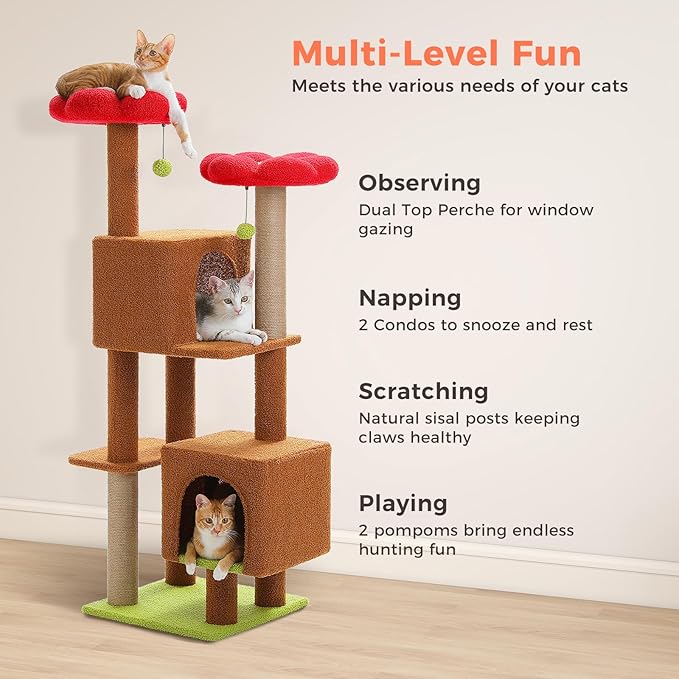 Flower Cat Tree, 52.4 Inch Multi-Level Cat Tower for Indoor Cats with Dual Top Perches, 2 Condos & Scratching Posts, Plush Cat Furniture for Kittens and Medium Cats, Brown