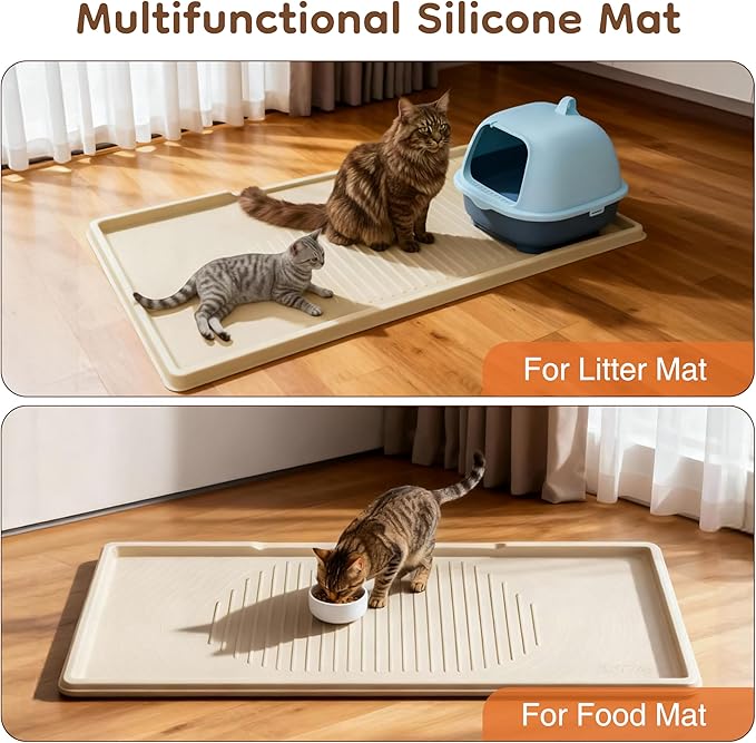 ISSEVE Cat Litter Mat 54" x 27.5" XXL, Extra Large Silicone Mat for Litter Box, 1.38" Raised Edge Waterproof Litter Trapping Mat Pad for Scatter Control, Soft on Kitty Paws, Protect Floor (Beige)