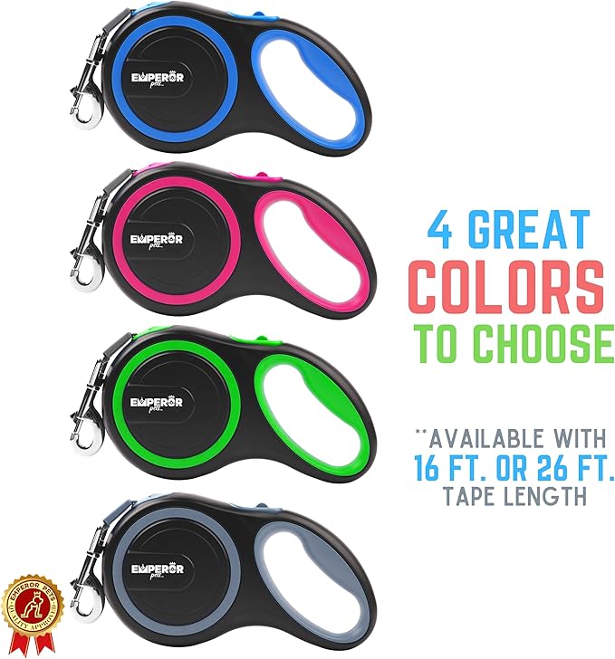 Emperor Pets 16 ft Retractable Dog Leash - Heavy Duty Retractable Pet Leash with Anti-Slip Grip - Reflective Dog Leash Tape for Medium to Large Dogs up to 100 lbs -PK16