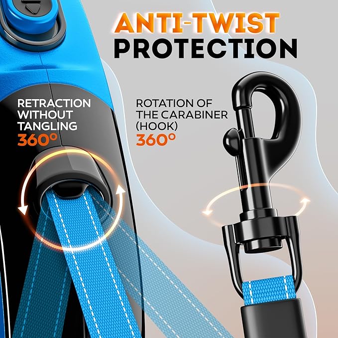 2025 New Retractable Dog Leash 16.4 ft – Heavy Duty for Dogs up to 110 lbs, Stainless Steel Spring, 360° Tangle-Free, One-Touch Lock Control, Soft Anti-Slip Handle – Strong, Durable Pet Leash (Bue)
