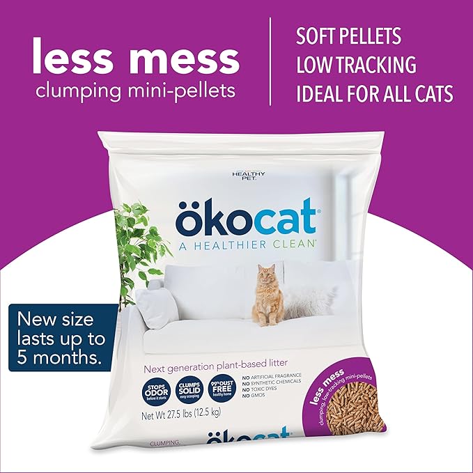 ökocat Less Mess Low Tracking Wood Clumping Cat Litter Mini- Pellets, Unscented, 27.5 pounds XL - Natural Ingredients, Stops Odor, Clumps Solid, 99% Dust Free, Great for Long-Hair Breeds