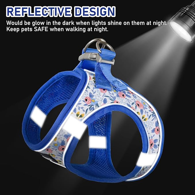 GAMUDA Small Dog Harness Collar and Leash Set, Step in No Chock No Pull Soft Mesh Adjustable Dog Vest Harnesses Plaid Reflective for Dogs Puppy Cats Kitten Rabbit (Blue Flower, XS)