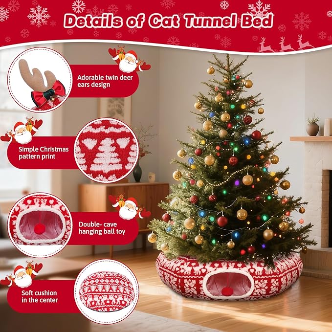 Cat Tunnel Christmas Tree Skirt, Cute Cat-Proof Tunnel Bed Under Christmas Tree with Washable Cushion, Soft Pet Donut Cave Decorative Tube Bed, Pet Toy Gifts Xmas Tree Protector from Cats