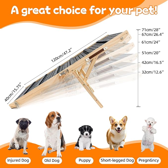 Dog Ramp for Bed-Non-Slip - Extra Wide Pet Ramp for Small Large Dogs to Get on Couch Car Wooden Foldable Dog Ramp Seamlessly Connects Platform -Hold up to 110 Pound-Adjustable, Foldable (L)