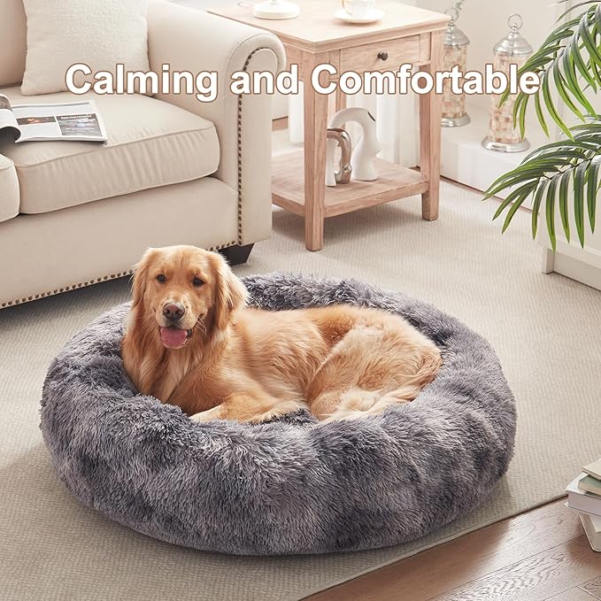 36 inches Donut Dog Bed for Large Dogs - Calming Fluffy Round Pet Bed with Removable & Washable Cover,Fits up to 80 lbs Pets (Tie-dye Grey,Large)