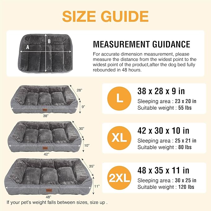 Orthopedic Dog Bed for Extra Large Dogs - Waterproof Memory Foam Dog Couch Bed with Sides, Pet Beds with Washable Cover & Non-Slip Bottom, Brown, 48x35 Inch