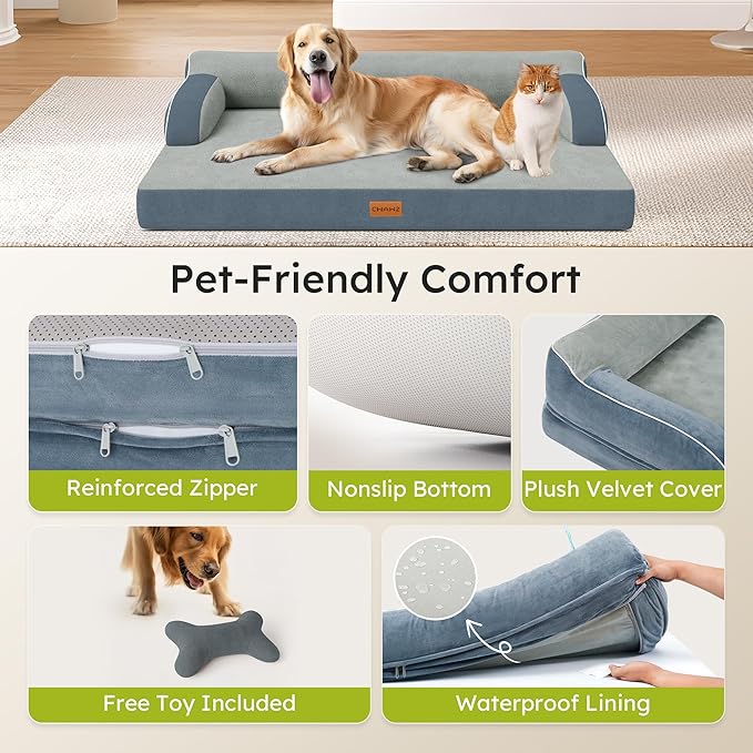 XL Plus Orthopedic Dog Bed, Big Dog Bed for Large Sized Dogs, Dual-Sided Pet Cooling Beds with Memory Foam Washable Cover Nonslip Bottom, Waterproof Pet Couch with Bolster, Dark Grey
