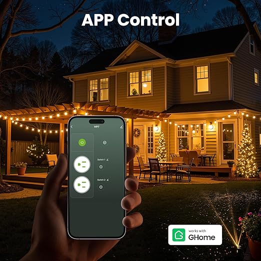 GHome Smart Outdoor Plug Wi-Fi Outlet, Dual Individual Sockets Smart Plug with IP64 Waterproof, Works with Alexa Google Assistant & SmartThings, No Hub Needed for Smart Home Control, 2.4G WiFi Only