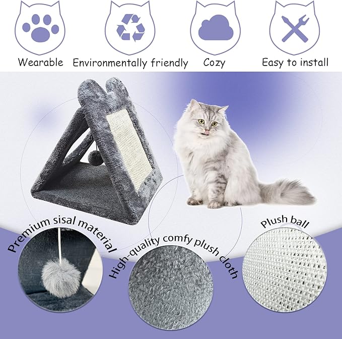 Fhiny Triangle Cat Scratching Post, Natural Sisal Cat Standing Scratch Board with Hanging Plush Ball Toy Pet Cave Nest Indoor Cats Pads Activity Center for Keeping Away from Furniture