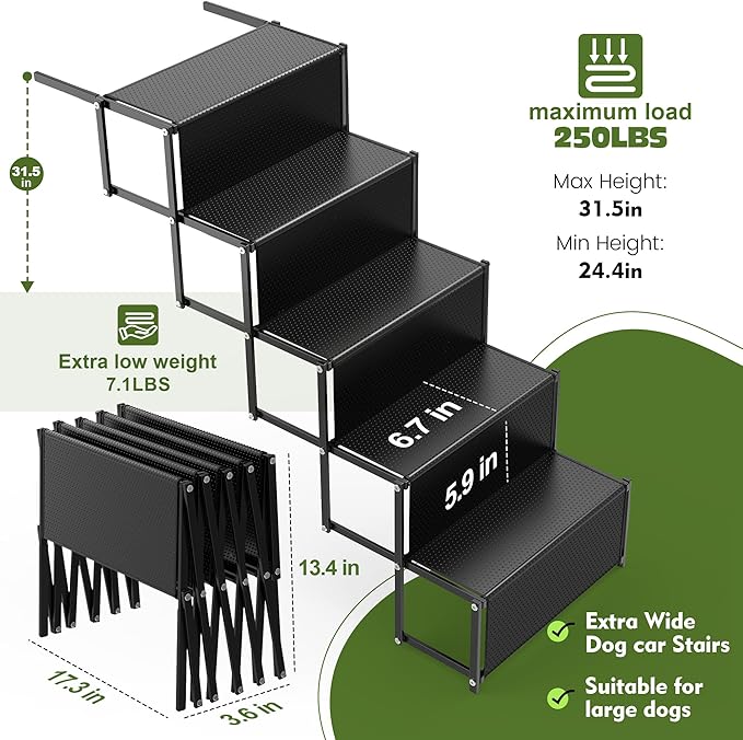 Dog Car Ramp - Portable 5-Step Aluminum Dog Stairs with Non-Slip Surface, Supports up to 250 lbs,17.3" Wide Foldable Dog Steps for Cars, SUVs, High Beds, and Trucks