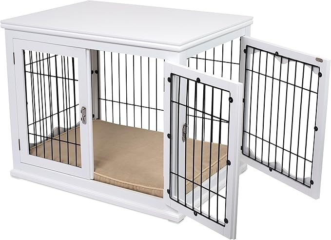 BIRDROCK HOME Decorative Dog Kennel with Pet Bed - Small Indoor Pet Crate, Double Door Design, Engineered Wood & Metal Wire, Furniture-Style House for Small Dogs, Side Table or Nightstand, White