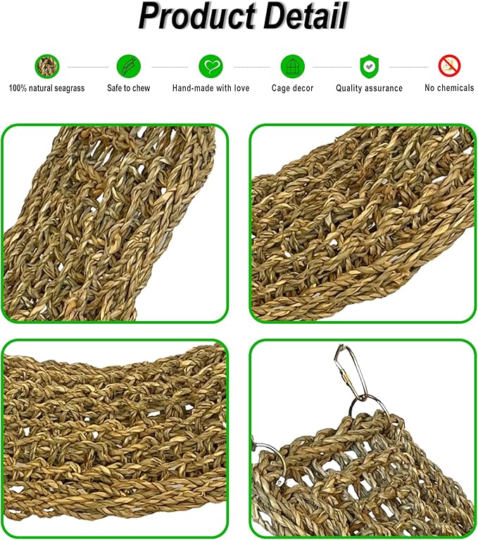 SIMENA Seagrass Mat for Birds, Natural Grass Woven Bird Net Hammock, Climbing Rope Ladder, Chew Toys for Parrots Lovebirds Cockatiels Conures Budgies, Cockatoos (Small)